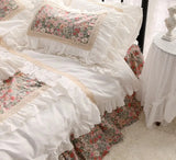 elvesmall American Style Pastoral Bedding Set Luxury Egyptian Cotton Bed Set Flowers Print Princess Lace Duvet Cover Bed Skirt Pillowcases