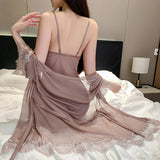 elvesmall  Sexy Lace Lingerie Ultra Thin Women Romantic Sleepwear Silk Satin Home Wear Set See Through Sexy Nightdress