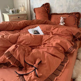 elvesmall Grey White Quilt Cover Korean Prinsess Bow Girl Bedding Sets Simple Solid Color Bedclothes Decor Bedroom