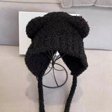 elvesmall Autumn Winter Cute Bear Ear Thermal Knitted Hat Women with Tape Ear Protection Beanie Hat Japanese Korean Versatile Skullies Hat