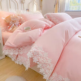 elvesmall  Solid Color Bedding Set with Lace Edge Princess Style Pink Bed Cover Set Queen/King Bed Sheet Sets for Girls Double Bedding Sets