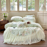 elvesmall Princess Chiffon Lace Bedding Sets Luxury Green Egyptian Cotton Flowers Embroidery Duvet Cover Bed Sheet Pillowcases New