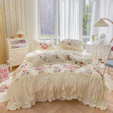 elvesmall Korean Style Bedding Sets Luxury 100% Cotton Floral Print Princess Lace Ruffle Duvet Cover Bed Skirt Bedspread Pillowcases
