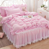 elvesmall  Princess Girl Pink Bedding Skirt Sheet With Lace Korean Solid Color Bed Cover Pillowcase Decor Bedroom Wedding Couple Bedclothes