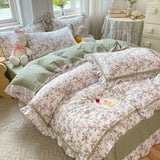 elvesmall French Country Style Princess Bedding Set, 100% Cotton, Floral Ruffled Edge, Duvet Cover, Flat, Fitted Bed Sheet, Pillowcases