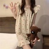 elvesmall  Heart Print Women Pajamas Sets for Home Summer Sleepwear Shorts Sleeve 2 Pieces Night Wears Korean Square Collar Home Suit