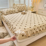 elvesmall 100% Cotton Mattress Cover Floral Style Bedspread Thickened Fitted Sheet Lace Bed Linen Quilted Bed Cover  (No Pillowcase)