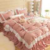 elvesmall  INS Korean Princess Bedding Kawaii Ruffle Lace Bed Skirt Duvet Cover Solid Color Queen Size For Girls Woman Home Textiles
