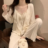 elvesmall  Lace Women Pajamas Set Autumn Sleepwear Long Sleeve Pants Suit Button Sets for Women 3 Pieces Ruffles Piiama Button Night Wears