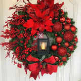 elvesmall Christmas Wreath With Lamp For Front Door Bow Ball Flower Garland Christmas Ornaments Window Door Hanging Christmas Decorations