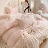 elvesmall Princess Lace Bow Bedding Set Beauty Solid Color Lace Ruffle Quilt Cover Luxury Girls Wedding Home Textiles Duver Cover