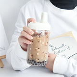 elvesmall  -  Kawaii Cat Bubble Tea Glass Water Bottle With Straw PU Sleeve Cute Boba Coffee Milk Cups Portable Girl Drinking Bottle BPA Free