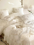 elvesmall  Luxury Princess Wedding Bedding Set 1400TC Egyptian Cotton Butterfly Flowers Embroidery Lace Duvet Cover Bed Sheet Pillowcases