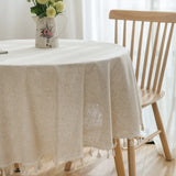 elvesmall Linen Cotton Plain Tablecloth with Tassels Round Table Household Circular Table Cover Home Party Table Wedding Decoration