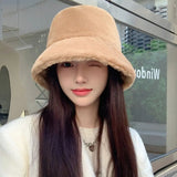 elvesmall Women Winter Outdoor Vacation Lady Panama Thickened Soft Warm Fishing Cap Faux Fur Rabbit Bucket Hat