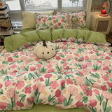 elvesmall Korean Style Strawberry Bedding Set Flat Bed Sheet Twin Full Queen Nordic Bed Linen Kids Girls Floral Cartoon Rabbit Duvet Cover
