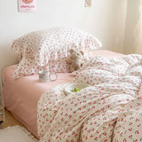 elvesmall Ins Girl Bedding Set Heart Cherry Duvet Set With Double Layer Yann Pink Four PIECE Set Simple Washing Cotton Bed Sheet Bed Sheet