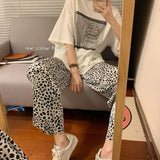 elvesmall  Leopard Pajamas Pants for Women Sleep Korean Style Sleepwear Summer Ankle Length Bottoms Home Elastic Waist Room Sleeping Wear