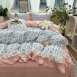 elvesmall Romantic French Flowers Lace Ruffles Bedding Set Washed Cotton Duvet Cover Bed Flat Sheet Pillowcases Girls Couple Bed Linens