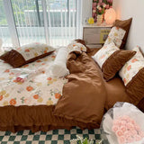 elvesmall Princess Style Pleated Lace Autumn and Winter Caramel Color Four-piece Bedding Set Quilt Cover Bed Sheet Bed Skirt Bed Sheet