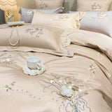 elvesmall Egyptian Cotton Bedding Set Flowers Embroidery, Duvet Cover Set, Bed Sheet, Pillowcases, Luxury, Champagne Grey, Luxury, 1000TC