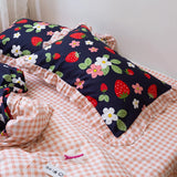 elvesmall Korean Ruffle Lace Bed Skirt Set Botanical Floral Strawberry Duvet Cover with 2 Pillowcase Soft Microfiber Bedding Set Full Size