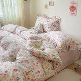 elvesmall Pink Tulip Duvet Cover Set Ins Korean Style with Flat Sheet Pillowcase No filler Washed Cotton Queen Full Twin Home Bed Linen