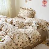 elvesmall Cute Floral Duvet Cover Set Ins Korean Style with Flat Sheet Pillowcase No filler Washed Cotton Queen Full Twin Home Bed Linen