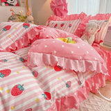 elvesmall Fashion Lattice Bedding Set Bed Sheet Cute Princess AB Double Sided Ruffle Flower Quilt Cover Pillowcase Bedclothes Home Textile