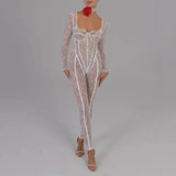 srczz Sheer Lace Hollow Out Sexy Jumpsuits Zip Up Backless Outfits Women Unitards Square Neck Romper Overalls One Piece