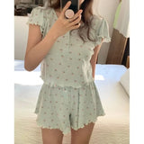 elvesmall  Summer Floral Print Pajamas Set Korean Women Short Sleeve Shirts Tops + Shorts Set Kawaii Home Suit Sweet Green Homewear Clothes