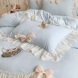 elvesmall  Korean Princess Style Cotton Bedding Set Single Queen King Pleat Ruffles White Ball Duvet Cover Set Bed Sheet Pillowcases