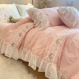 elvesmall Pink Korean Princess Style Lace Ruffles Wedding Bedding Set Seersucker Washed Cotton Soft Duvet Cover Set Bed Sheet Pillowcases