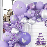 elvesmall Macaron Purple Balloons Garland Arch Kit Metallic Purple Silver Latex Balloon Birthday Party 3D Butterfly Background Decoration