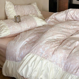 elvesmall -  High-end Satin Bedding Set 100% Cotton Printed Luxury Duvet Cover Set with Sheets Comfor Pleated Lace Quilt Cover and Pillowcase