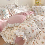 elvesmall Fresh Floral Duvet Cover Set No Filler Lace Ruffles Bedding Washed Cotton Bed Linens Flat Sheet Pillowcase for Girls 200x230cm