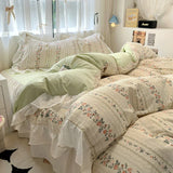 elvesmall French Romantic Style Bedding Set Princess Skin Friendly And Comfortable Quilt Cover Lace Washed Cotton Printed Duvet  Cover Set