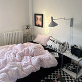 elvesmall Nordic Princess Pink Bedding Set Girls Adults Twin Full Queen Size Bed Flat Sheet Duvet Cover Pillowcases Solid Color Bed Linen