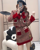 srczz  - Autumn Elegant Tweed Plaid Skirt Sets Women Sweet Chic Pearl Bow Woolen Jackets Mini Skirts Suit Korean Female Outfits