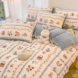 elvesmall  Winter Thickened Warm Flannel Queen Bedding Set Home Textile Cartoon Cute Duvet Cover Sheet Pillowcase 4pcs Luxury Bed Linen Set