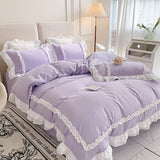 elvesmall  Korean Princess Bedding Set Washed Cotton Bed Cover Girl Heart Pure Color Lace Bow Quilt Coverflat Sheet Decor Home Textiles