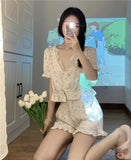 elvesmall  Floral Pajama Sets Women Lace V-neck Crop Sweet Girls Elegant Summer Daily Home Sleepwear Casual Shorts Cozy Chic Ins Stylish