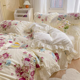 elvesmall Korean Style Bedding Sets Luxury 100% Cotton Floral Print Princess Lace Ruffle Duvet Cover Bed Skirt Bedspread Pillowcases