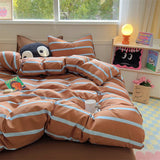 elvesmall Brown Stripe Bedding Comforter Set Pillowcase bed sheet Single Full Size Bed Linen Duvet Cover Set Queen/King Double Single Bed