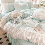 elvesmall Ins Princess Style Korean Lace Bed Four-piece Set Bed Skirt Dormitory Bed Sheet Quilt Cover Bedding Set Three-piece