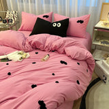 elvesmall Ins Solid Pink Tulip Bedding Set Embroidery Duvet Cover Soft Queen Full Twin Size Bed Flat Sheet Quilt Cover Pillowcase Kawaii