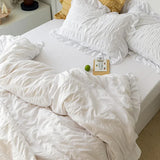 elvesmall  Pink Ruffled Seersucker Duvet Cover Set 3/4pcs Soft Lightweight Down Alternative Grey Bedding Set with Bed Skirt and Pillowcases