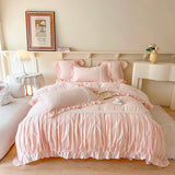 elvesmall  Pearl Lace Decorate Bedding Sets Luxury Snow White Egyptian Cotton Princess Wedding Pleated Duvet Cover Bed Sheet Pillowcases