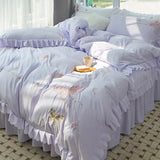 elvesmall  Princess Style Cotton Embroidery Bedding Set, Duvet Cover Sets with Bed Skirt, Fitted Sheet, Ruffles Decoration for Bedroom, 4Pc
