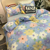 elvesmall  Floral Bedding Set with Flat Sheet Quilt Duvet Cover Pillowcase Bed Linens Boy Girl Single Double Queen Size Home Textile